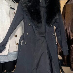 bebe Black Trench Coat with Fur Collar